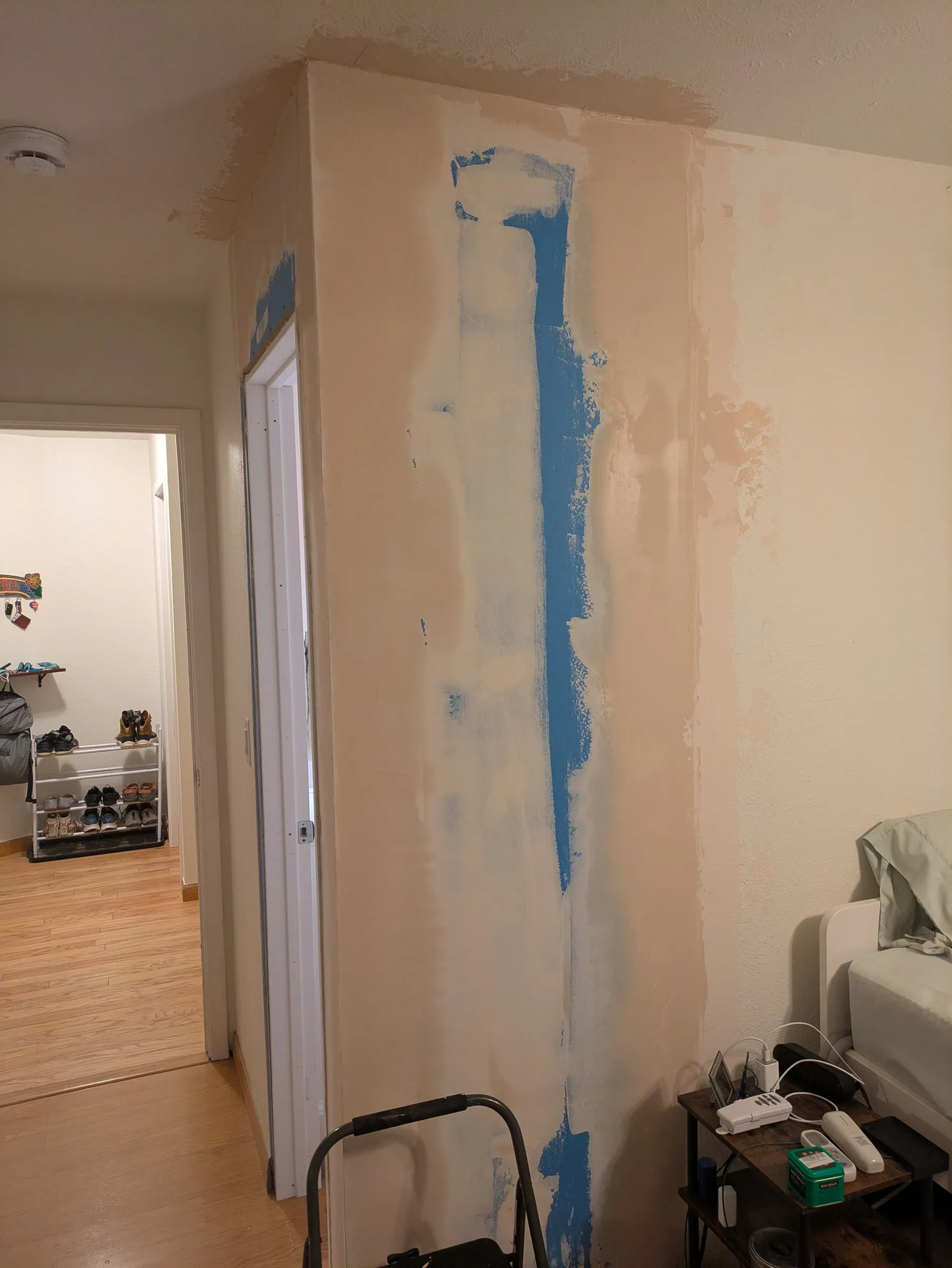 Mudding in progress, old paint still showing through