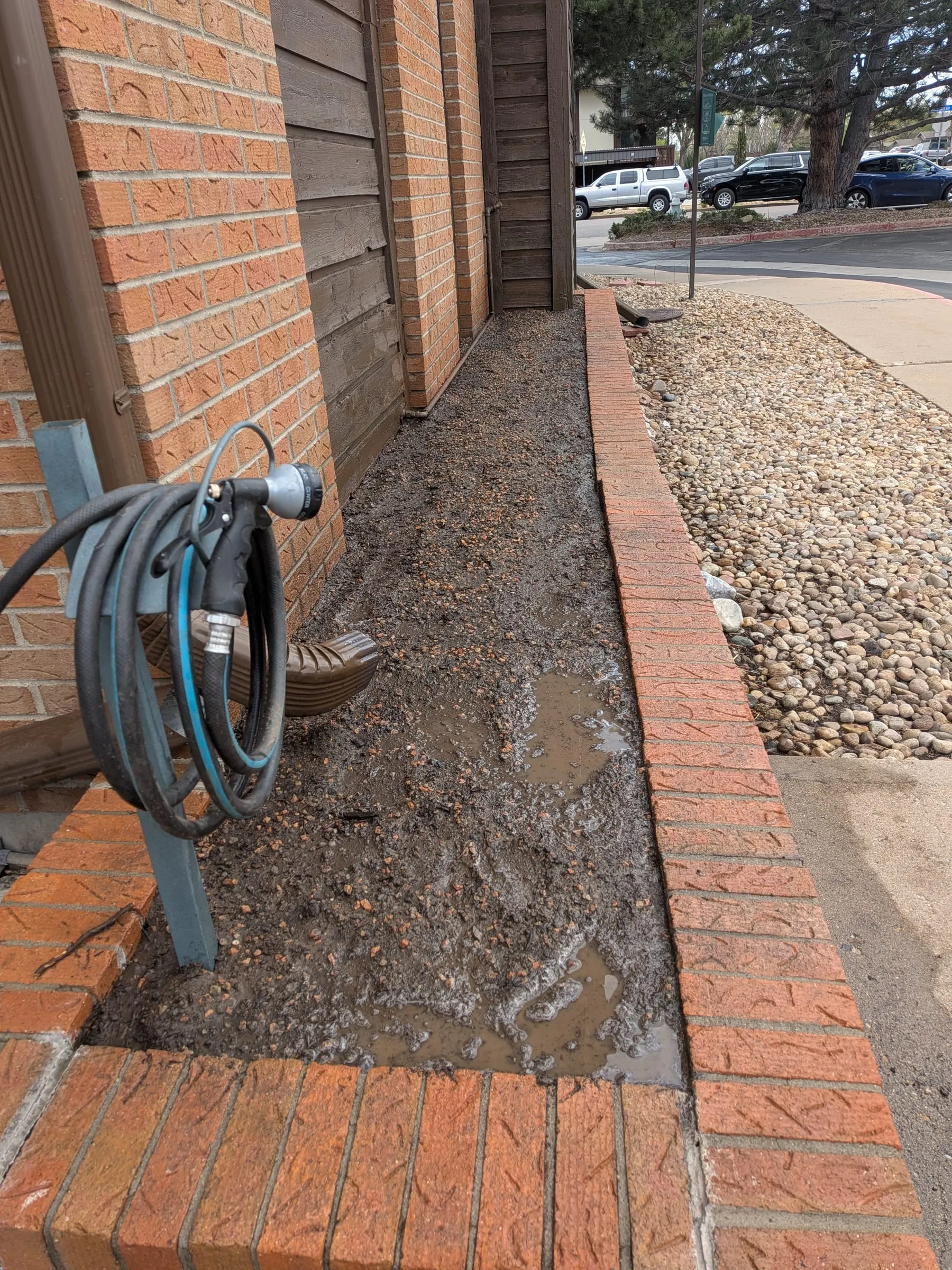 The finished bed, filled level with the top of the brick and soaked through, with the river rock strip and sidewalk alongside