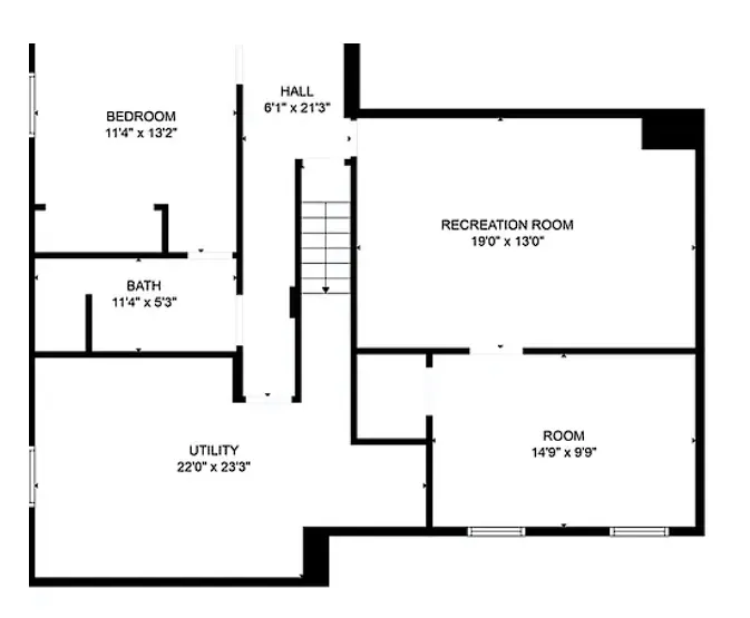Basement floor plan showing the study, rec room, hallway and third bedroom